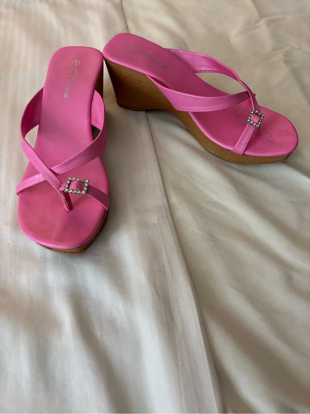 Women's Pink Wedge Thong Sandals with Rhinestone Accent